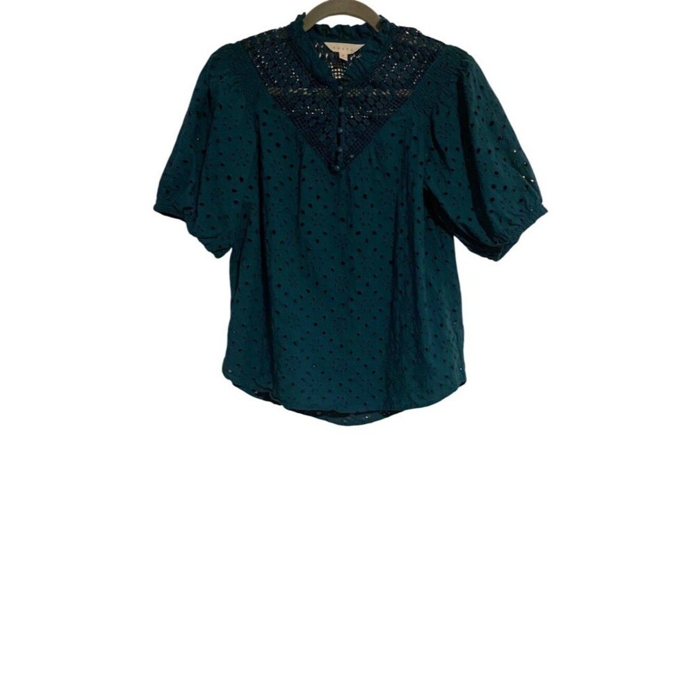 Adiva Women's M Teal Blouse Eyelet Lace Puff Sleeves Button Cottagecore Boho